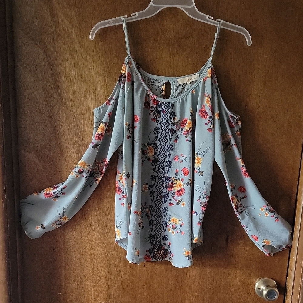 Rewind Floral Cold Shoulder Blouse - Blue and Pink